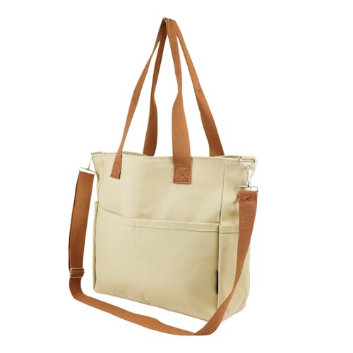 AfitLulu Gross Handtasche Damen Leinwand Tote Bag mit Reissverschluss, Umhängetasche Große Kapazität Shopper Tasche Crossbody Bag mit Abnehmbarem und Verstellbarem Schultergurt (Braun) von AfitLulu