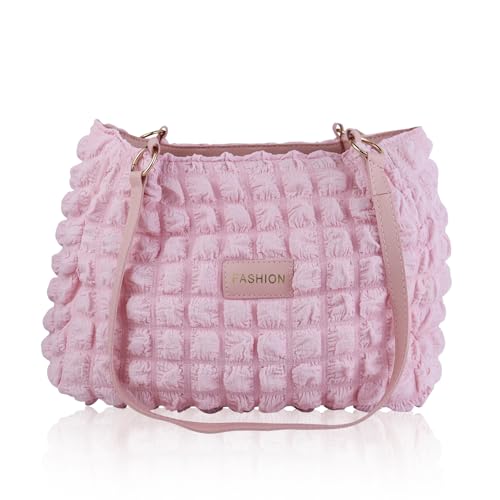 AfitLulu Groß Handtasche Damen Gesteppt Tote Bag, Plissiert Umhängetasche Aufgeblasen Shopper Tasche mit Reißverschluß und Ledergriff für Einkaufen Reisen Arbeit (Rosa) von AfitLulu