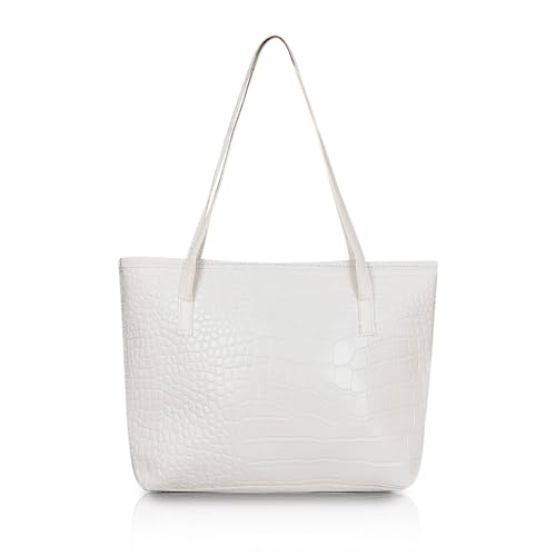 AfitLulu Handtasche Damen KleinTote Bag mit Reißverschluss, Wasserdichtes PU-Leder Umhängetasche Shopper Tasche Damen Multifunktional Schultertasche Einkaufstasche für Einkäufe (Weiß) von AfitLulu