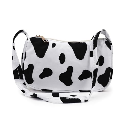 AfitLulu Handtasche Damen Nylon Umhängetasche mit Kuh-Muster und Zebra-Streifen, Damen-Umhängetaschen Mondsichel Schultertasche Hobo Handbag für Verabredungen Partys Reisen (Kuh Muster) von AfitLulu