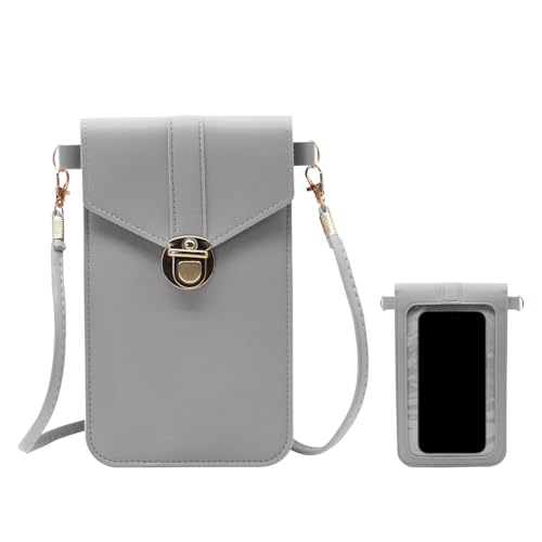 AfitLulu Handytasche zum Umhängen Damen Touchscreen Kleine Umhängetasche Damen PU-Leder Handy Umhängetasche mit Transparentes Fenster und Abnehmbarer Schultergurt für Handy (Grau) von AfitLulu