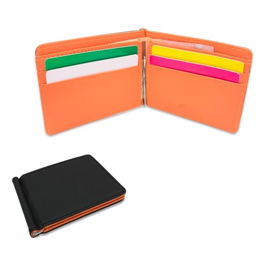 AfitLulu Herren-Geldbörse, ultradünn, Kartenhalter, Geldbörse mit Metall-Geldklammern und 4 Kartenfächern, schmale Brieftasche, PU-Leder, Samll Geldbörse für Herren, Orange, S, Casual von AfitLulu