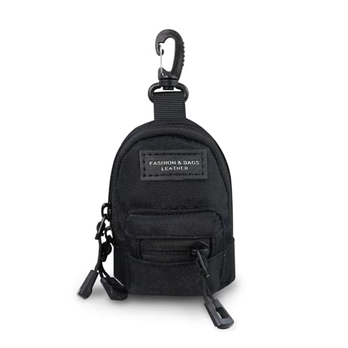 AfitLulu Klein Münzbeutel Mini Rucksackförmige Geldbörse mit Reißverschluss und Karabiner, 2 Taschen Münzgeldbeutel Mini-Schlüsseltasche Münzbörsen mit Abnehmbarer Halsbügel (Schwarz) von AfitLulu