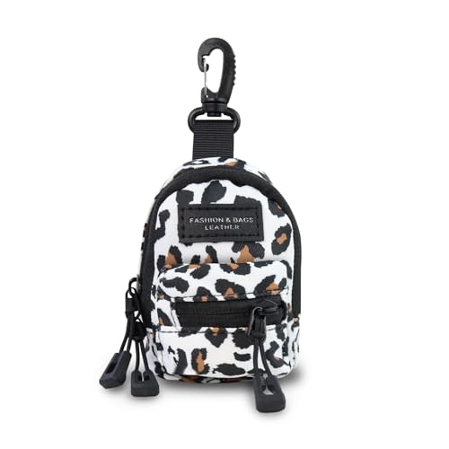 AfitLulu Klein Münzbeutel Mini Rucksackförmige Geldbörse mit Reißverschluss und Karabiner, 2 Taschen Münzgeldbeutel Mini-Schlüsseltasche Münzbörsen mit Abnehmbarer Halsbügel (Weiß-Leopardenmuster) von AfitLulu