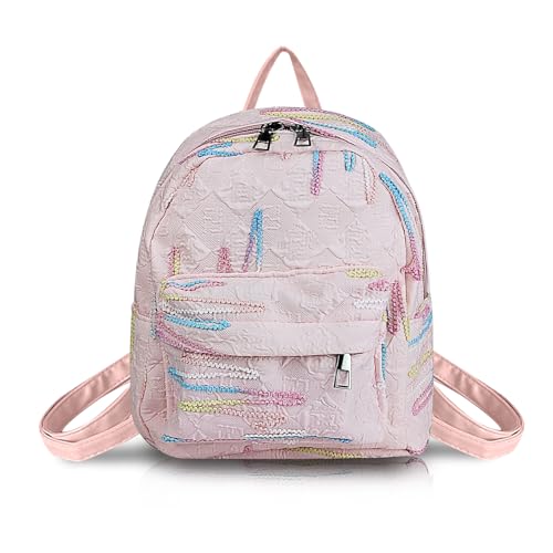 AfitLulu Klein Rucksack Damen Leichte Mode Backpack mit 2 Reißverschlusstaschen, Beiläufiger kleiner Tagesrucksack Niedlich Schulrucksack Handtasche mit Verstellbarem Gurt (Rosa) von AfitLulu