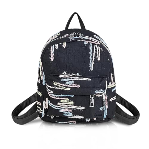 AfitLulu Klein Rucksack Damen Leichte Mode Backpack mit 2 Reißverschlusstaschen, Beiläufiger kleiner Tagesrucksack Niedlich Schulrucksack Handtasche mit Verstellbarem Gurt (Schwarz) von AfitLulu