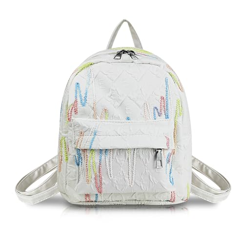 AfitLulu Klein Rucksack Damen Leichte Mode Backpack mit 2 Reißverschlusstaschen, Beiläufiger kleiner Tagesrucksack Niedlich Schulrucksack Handtasche mit Verstellbarem Gurt (Weiß) von AfitLulu