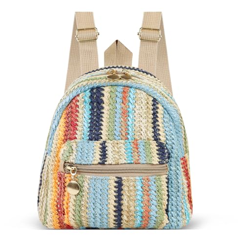 AfitLulu Klein Rucksack Damen Stroh Schulrucksack Lässig Rucksacks mit 2 Reißverschlusstaschen, Mini Rucksacks Casual Daypacks Leichtgewicht Reiserucksack mit Verstellbarem Riemen (Stroh-Farbig) von AfitLulu