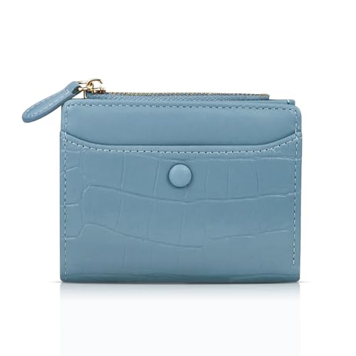 AfitLulu Kleine Geldbörse für Damen, Kunstleder, mit 5 Kartenfächern und Münzfach mit Reißverschluss, Faltbörse mit Fotofach, Blau, 11.5x9x2.3cm, Modern von AfitLulu