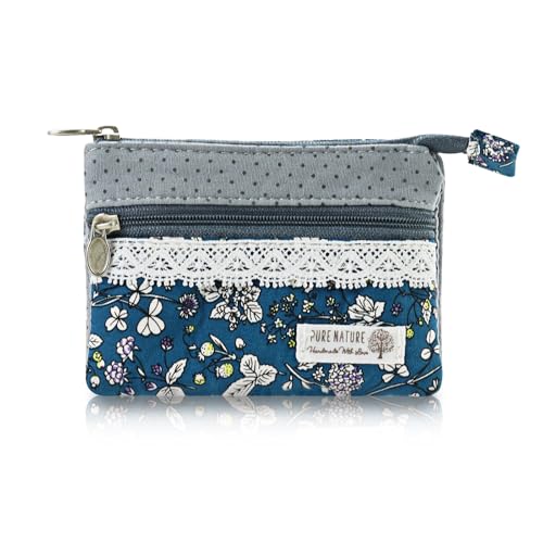 AfitLulu Kleines Portemonnaie Damen Canvas Geldbeutel Damen Klein, 2 Lagen Reißverschlusstaschen Mini Geldbörse Bohème-Stil Mini Portemonnaie für Münzen, Bargeld und Karten (Blume-B) von AfitLulu