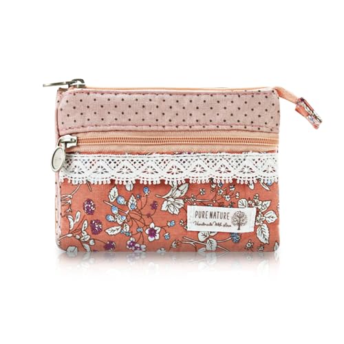 AfitLulu Kleines Portemonnaie Damen Canvas Geldbeutel Damen Klein, 2 Lagen Reißverschlusstaschen Mini Geldbörse Bohème-Stil Mini Portemonnaie für Münzen, Bargeld und Karten (Blume-Rosa) von AfitLulu