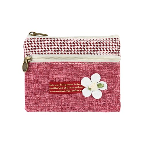 AfitLulu Kleines Portemonnaie Damen Canvas Geldbeutel Damen Klein, 2 Lagen Reißverschlusstaschen Mini Geldbörse Bohème-Stil Mini Portemonnaie für Münzen, Bargeld und Karten (Blume-Rot) von AfitLulu