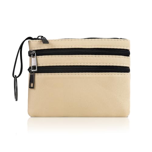 AfitLulu Kleines Portemonnaie Damen Kunstleder Münzgeldbörse mit Schlüsselanhänger und 2-lagiger Reißverschlusstasche, Mini Geldbörse Coin Purse für Münze, Schlüssel, Lippenstift (Beige) von AfitLulu