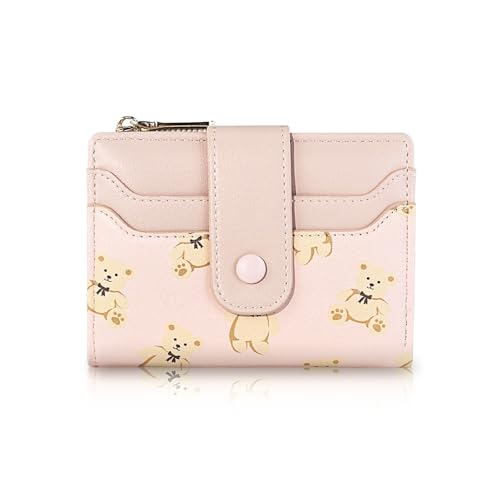 AfitLulu Kurz Geldbörse Damen Leder Karten Portemonnaie mit Bär Druck, Stempelsteuer Geldbeutel Klein Portmonee mit 7 Kartenschlitz, 1 ID-Fenster, 1 Großer Schlitz und 1 Münztasche (Rosa) von AfitLulu