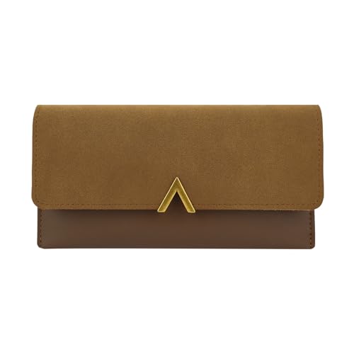 AfitLulu Lang Portemonnaie Damen Kunstleder Geldbörse mit Reißverschlusstasche für Münzen, Stilvoll Geldbeutel Bifold Portmonee mit 6 Kartenfächern und V-Förmige Schnapp-Dekoration (Braun) von AfitLulu
