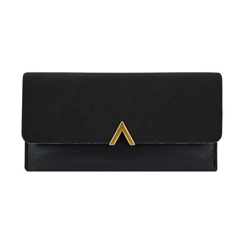AfitLulu Lang Portemonnaie Damen Kunstleder Geldbörse mit Reißverschlusstasche für Münzen, Stilvoll Geldbeutel Bifold Portmonee mit 6 Kartenfächern und V-Förmige Schnapp-Dekoration (Schwarz) von AfitLulu