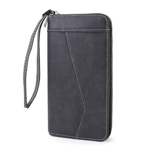 AfitLulu Lange Geldbörsen für Herren, einfache Geldbörse mit Reißverschluss für Herren mit 8 Kartenfächern, Münzfach mit Reißverschluss und 2 Geldfächern, Scheckbuch-Geldbörse mit Handschlaufe von AfitLulu