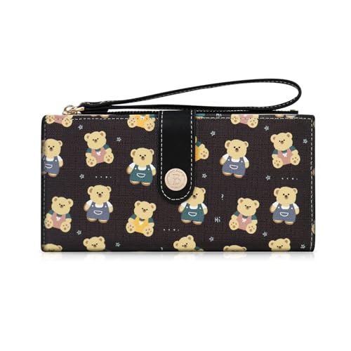 AfitLulu Niedliche Bären-Geldbörsen für Damen, Handgelenk-Geldbörsen mit Münzfach, Bifold Wallets mit Reißverschluss und Druckknopf, schlanke Damengeldbörse für Damen, Schwarz , Medium-sized von AfitLulu