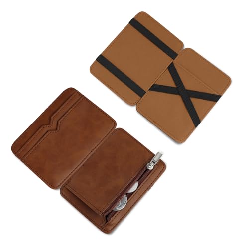 AfitLulu Portmonee Herren Flip Type Magic Geldbörse, Herren Geldbörse Ultradünn Geldbeutel PU-Leder Geldbörse Klein mit 3 Kartenfächern und 1 Münzfach (Braun-1) von AfitLulu