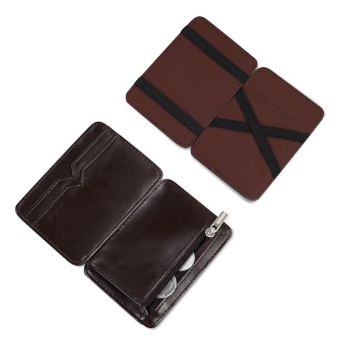 AfitLulu Portmonee Herren Flip Type Magic Geldbörse, Herren Geldbörse Ultradünn Geldbeutel PU-Leder Geldbörse Klein mit 3 Kartenfächern und 1 Münzfach (Dunkelbraun-1) von AfitLulu