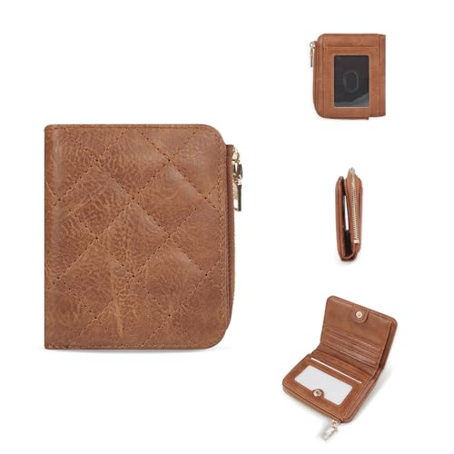 AfitLulu RFID-Geldbörse für Damen, mit 2 Ausweisfenstern und Münzfach mit Reißverschluss, kurze Rauten-Damengeldbörse mit 7 Kartenfächern, Braun, 4.13*3.54*1.10inches, RFID-blockierend von AfitLulu