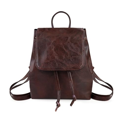 AfitLulu Rucksack Damen Klein Wasserdichter Rucksacks Kunstleder Schulrucksack mit Kordelzugtasche, Mini Klappe Daypack Vintage Kleiner Rucksack Reiserucksack mit Verstellbarem Gurt (Braun) von AfitLulu