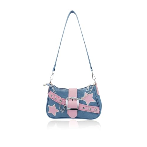 AfitLulu Klein Umhängetasche Damen Denim Schultertasche mit Handkette und Abnehmbarem Schultergurt, Halbmond Tasche Y2K Tasche Modisch Handtasche mit Reißverschluss (Blau) von AfitLulu