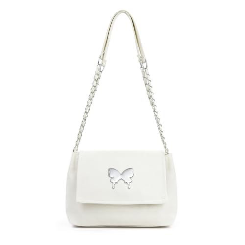 AfitLulu Umhängetasche Damen Klappdeckel Handtasche mit Doppelter Magnetverschluss, Modisch Damen-Umhängetaschen Kunstleder Schultertasche mit Schleifendekoration für Reisen Arbeit Einkaufen (Weiß) von AfitLulu