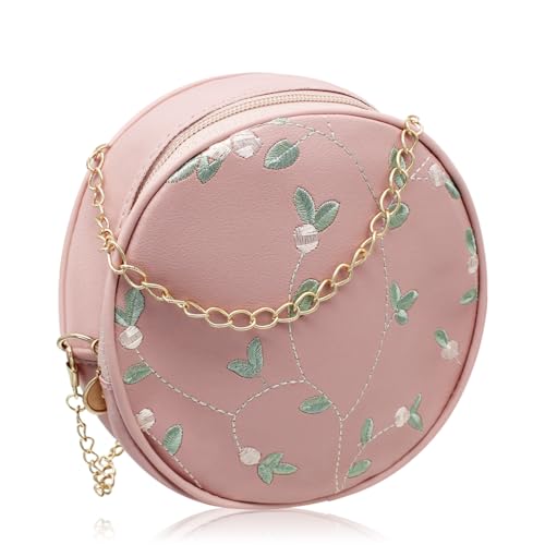 AfitLulu Umhängetasche Damen Rund Crossbody Bag Damen Leder mit Abnehmbare Kette, Handytasche Zum Umhängen Damen Wasserdicht Handy Tasche Damen Umhänge mit Reissverschluss und Floral bestickt (Rosa) von AfitLulu
