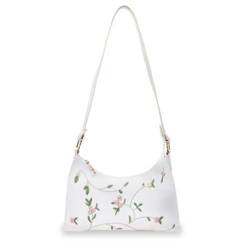 AfitLulu Umhängetasche für Damen, Blumenstickerei, Mini-Geldbörsen, Leder, kleine Schultertasche, Handtasche, Reißverschluss, Weiss/opulenter Garten von AfitLulu