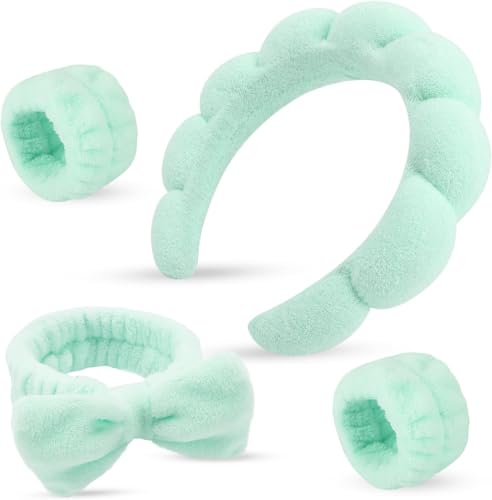 4-teiliges weiches Spa-Stirnband und Armband-Set für Damen, Plüsch-Frottee-Wolken-Design, niedliches Haarband für Make-up und Gesichtswäsche (Grün, Einheitsgröße) von Afoxon
