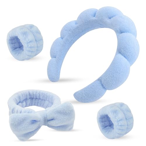 4-teiliges weiches Spa-Stirnband und Armband-Set für Damen, Plüsch-Frottee-Wolken-Design, niedliches Haarband für Make-up und Gesichtswäsche (Hellblau, Einheitsgröße) von Afoxon