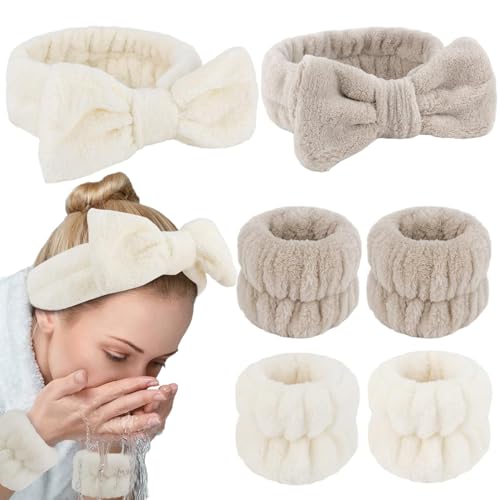 6-teiliges Spa-Stirnband- und Armband-Set, mehrfarbiges Mikrofaser-Fleece mit Schleifen-Design (Beige, Hellkaffee, Einheitsgröße) von Afoxon