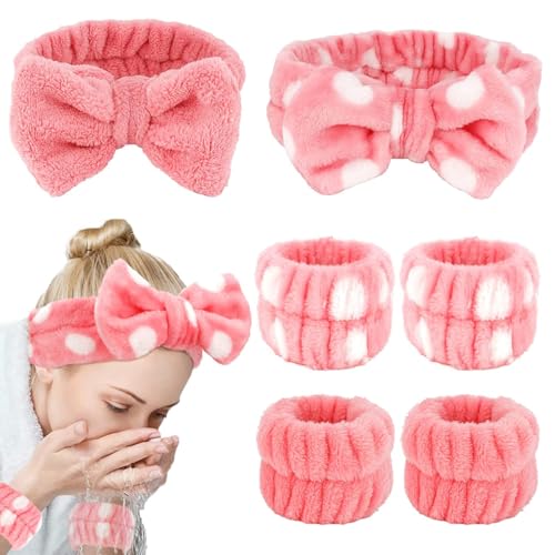 6-teiliges Spa-Stirnband- und Armband-Set, mehrfarbiges Mikrofaser-Fleece mit Schleifen-Design (Rosa, Einheitsgröße) von Afoxon