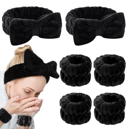 6-teiliges Spa-Stirnband- und Armband-Set, mehrfarbiges Mikrofaser-Fleece mit Schleifen-Design (Schwarz, Einheitsgröße) von Afoxon
