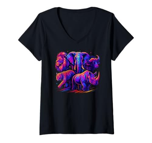 Damen Humorvolle Geschenke für Afrika Big Five Lover Multicolor Tiere T-Shirt mit V-Ausschnitt von Africa Big Five Gifts