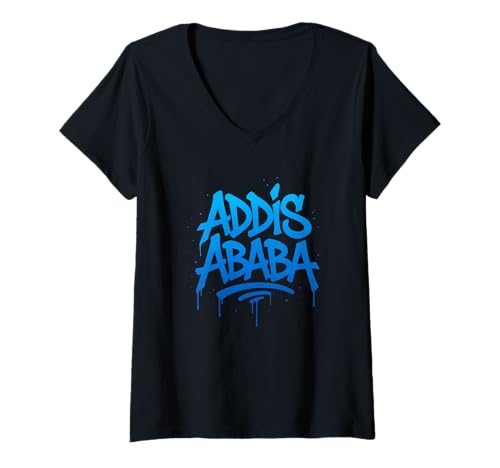 Damen Addis Abeba Graffiti-Schriftzug T-Shirt mit V-Ausschnitt von Africa Walls