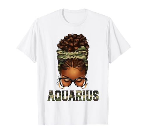Afro Black Woman Messy Bun Camo Sternzeichen Wassermann Königin T-Shirt von African American Black Women Afro Messy Bun Zodiac