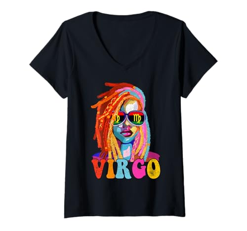 Damen Jungfrau Königin Afroamerikaner Loc'd Women Sternzeichen T-Shirt mit V-Ausschnitt von African American Loc'd Women Girls Zodiac Tee