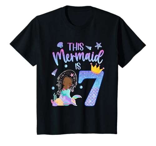 Kinder Schwarze Meerjungfrau 7 Jahre alt Mädchen Geburtstag 7. 7. Geburtstag T-Shirt Kinder Schwarze Meerjungfrau 7 Jahre alt Mädchen Geburtstag 7. 7. Geburtstag T-Shirt von African American Mermaid Outfit 7th Birthday Gift
