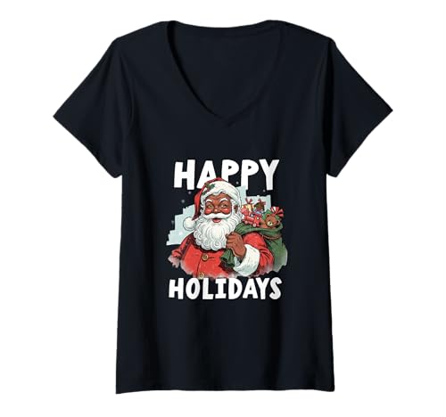 Damen Frohe Weihnachtsfeiertage in Santa Afroamerikaner Black Pride T-Shirt mit V-Ausschnitt von African American Santa Christmas Gifts