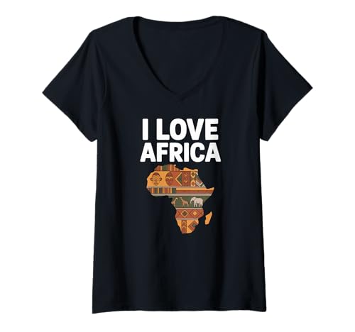 Damen Safari-Karte mit Stammesmuster I Love Africa T-Shirt mit V-Ausschnitt Damen Safari-Karte mit Stammesmuster I Love Africa T-Shirt mit V-Ausschnitt von African Culture Heritage Wildlife Pattern