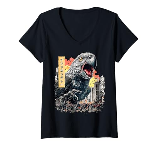 Damen Lustiger afrikanischer Graupapagei Kaiju Monster Japanisch T-Shirt mit V-Ausschnitt Damen Lustiger afrikanischer Graupapagei Kaiju Monster Japanisch T-Shirt mit V-Ausschnitt von African Grey Parrot Kaiju Monster Clothing