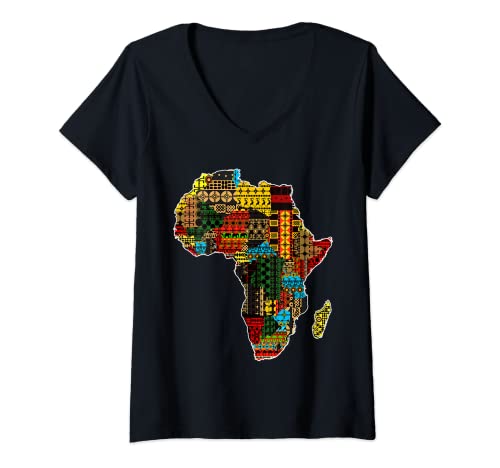 Damen Afrika-Karte mit traditionellem afrikanischem Ethno-Symbol. T-Shirt mit V-Ausschnitt von African Pride Teez