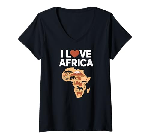 Damen I Love Africa Kontinent Silhouette Design T-Shirt mit V-Ausschnitt von African Safari Adventure Wildlife Culture