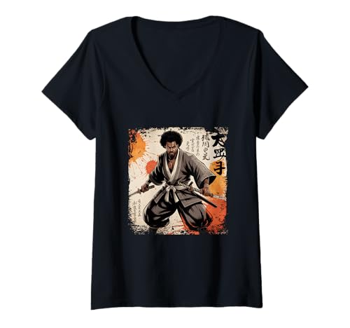 Damen Afrikanischer Samurai, afroamerikanischer Bushido-Krieger, Katana im Vintage-Stil T-Shirt mit V-Ausschnitt Damen Afrikanischer Samurai, afroamerikanischer Bushido-Krieger, Katana im Vintage-Stil T-Shirt mit V-Ausschnitt von African Samurai Afro American Bushido Warrior