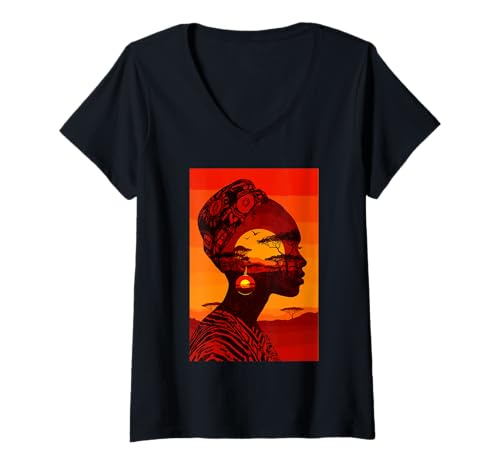 Damen Afrika Sonnenuntergang Silhouette afrikanische Safari Tradition Savanne T-Shirt mit V-Ausschnitt Damen Afrika Sonnenuntergang Silhouette afrikanische Safari Tradition Savanne T-Shirt mit V-Ausschnitt von African Sundown Horizon Nature