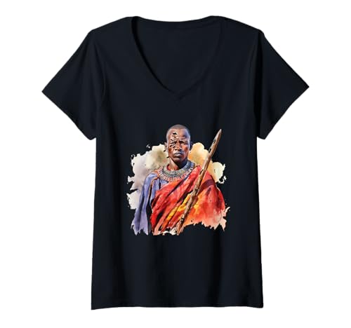 Damen Massai-Krieger Kenia Tansania Massai Maasai Maassai Masai T-Shirt mit V-Ausschnitt von African Tribe Maasai Apparel & Co.