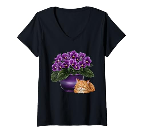 Damen Afrikanische Veilchen Schlafkätzchen Zimmerpflanze African Veilchen T-Shirt mit V-Ausschnitt Damen Afrikanische Veilchen Schlafkätzchen Zimmerpflanze African Veilchen T-Shirt mit V-Ausschnitt von African Violet Cat Tees
