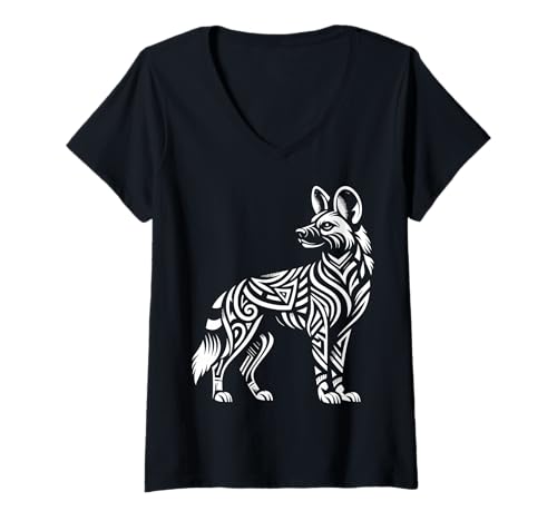 Damen Afrikanischer Wildhund T-Shirt mit V-Ausschnitt von African Wild Dog Mania